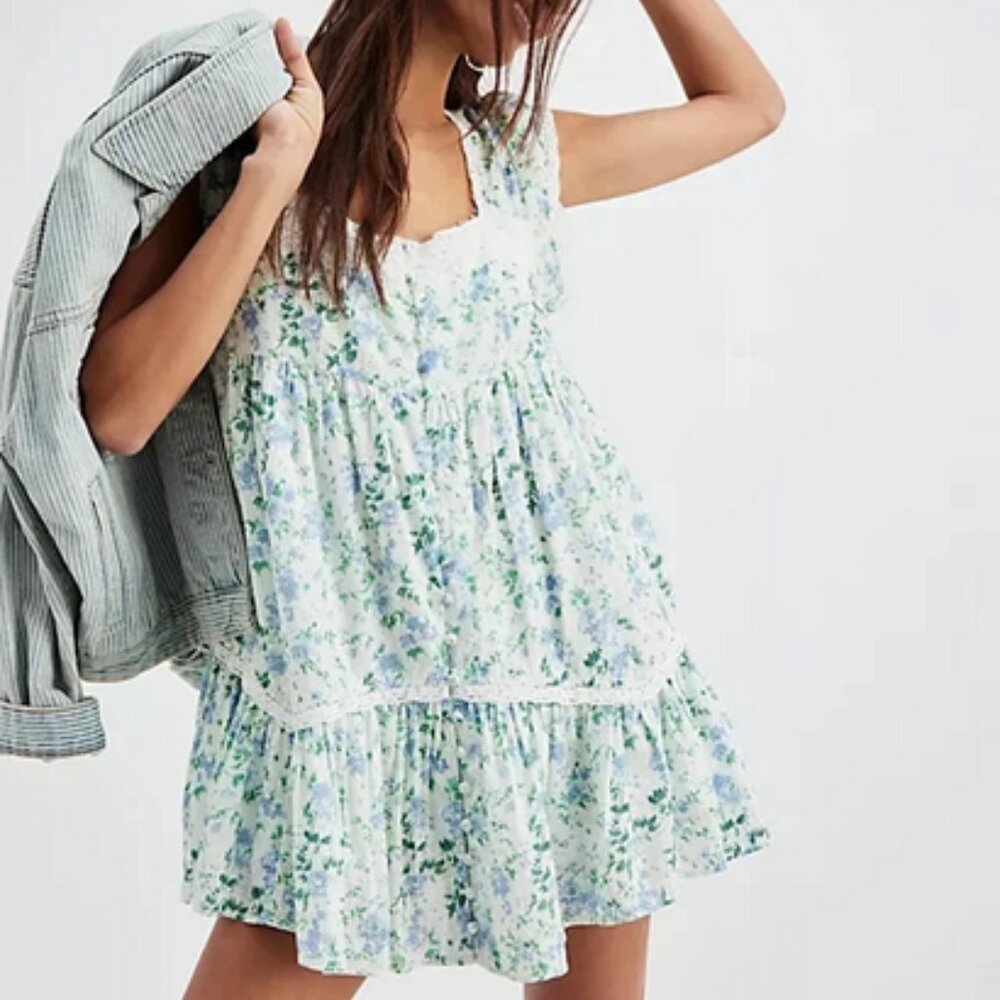 Free People White Floral Mini Dress with Blue and Green Print